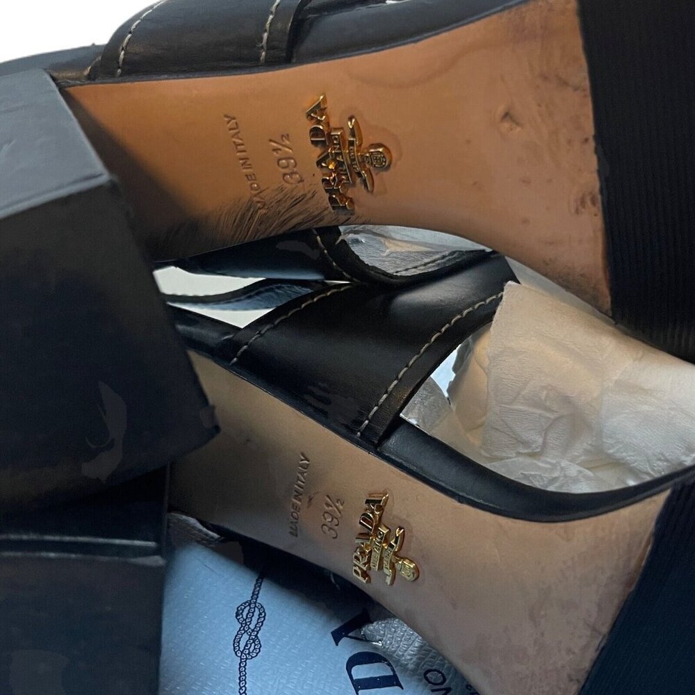 Prada Size 39.5 Leather Turnlock Slingback Sandals Black Block Heel Minimalist - Picture 8 of 15